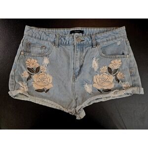 Embroidered Rose Denim‎ Distressed Shorty Shorts 28" High Rise Cut-offs#717
